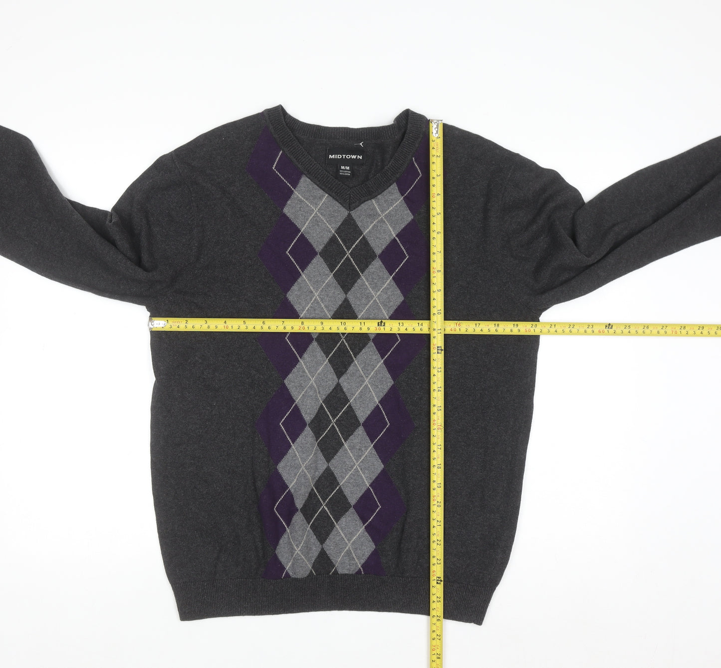 Midtown Men's Grey Argyle V-Neck Cotton Jumper Size M Classic Knit