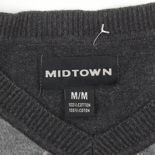 Midtown Men's Grey Argyle V-Neck Cotton Jumper Size M Classic Knit
