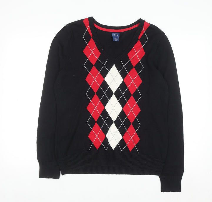 IZOD Men's Black Argyle V-Neck Cotton Jumper Size L