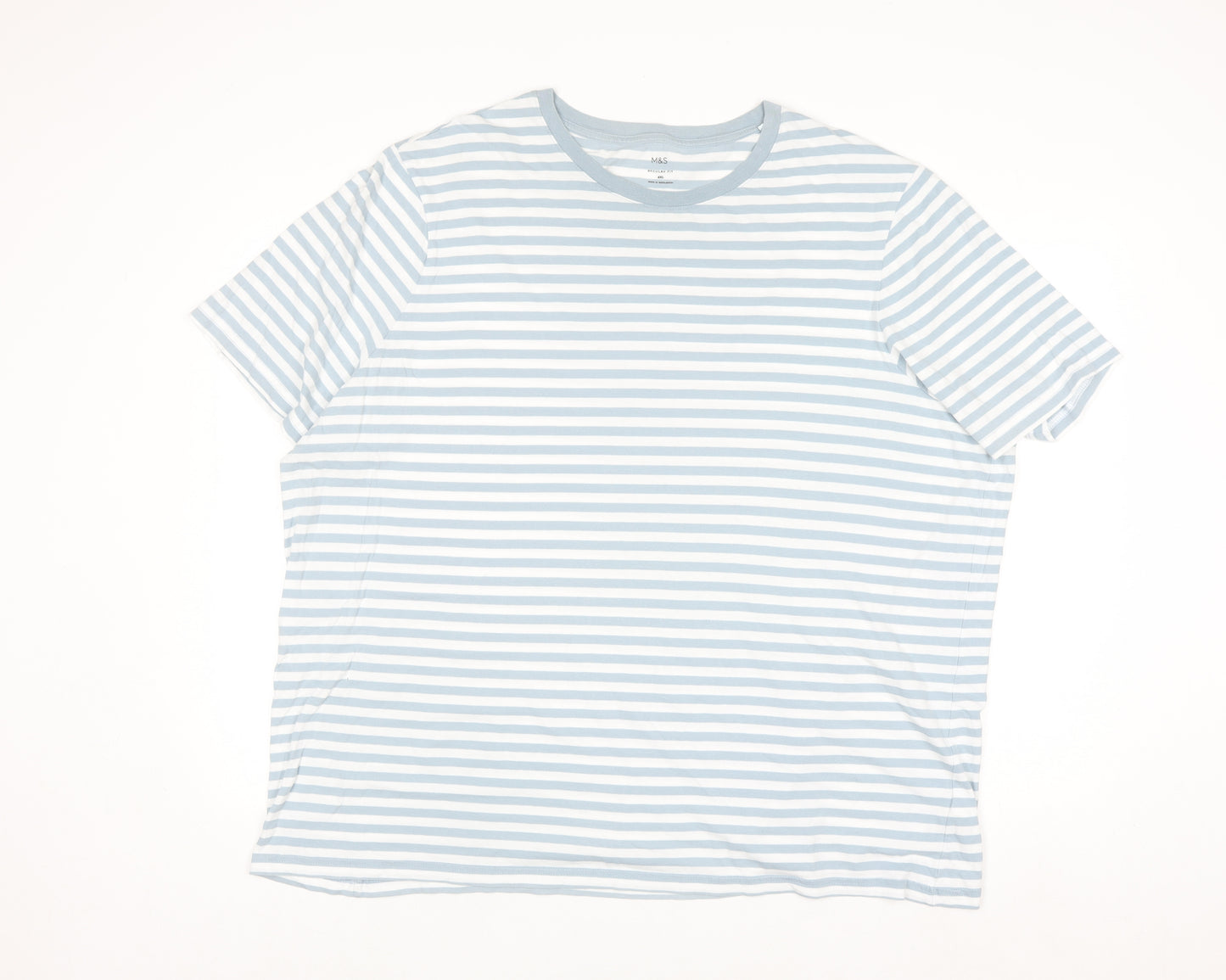 Marks and Spencer Men's Blue Striped 4XL Regular Fit Cotton T-Shirt