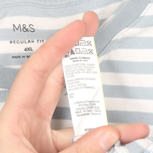 Marks and Spencer Men's Blue Striped 4XL Regular Fit Cotton T-Shirt