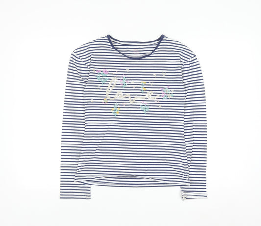 John Lewis Girls Navy Striped Long Sleeve T-Shirt Age 12 Embroidered Floral Top