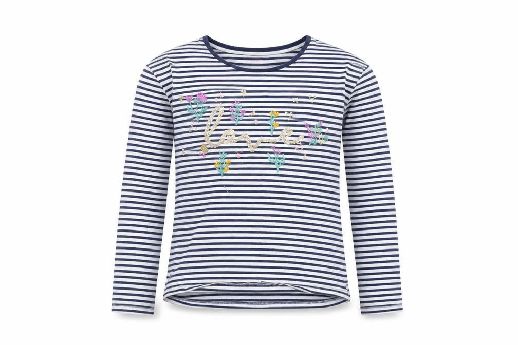 John Lewis Girls Navy Striped Long Sleeve T-Shirt Age 12 Embroidered Floral Top