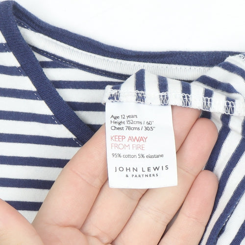 John Lewis Girls Navy Striped Long Sleeve T-Shirt Age 12 Embroidered Floral Top