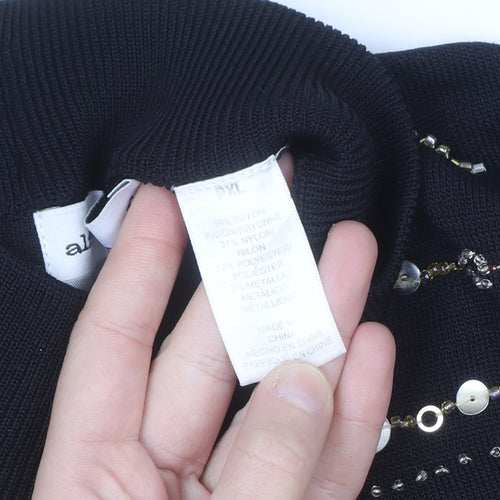 Alfred Dunner Womens Black L Petite Beaded Mock Neck Jumper