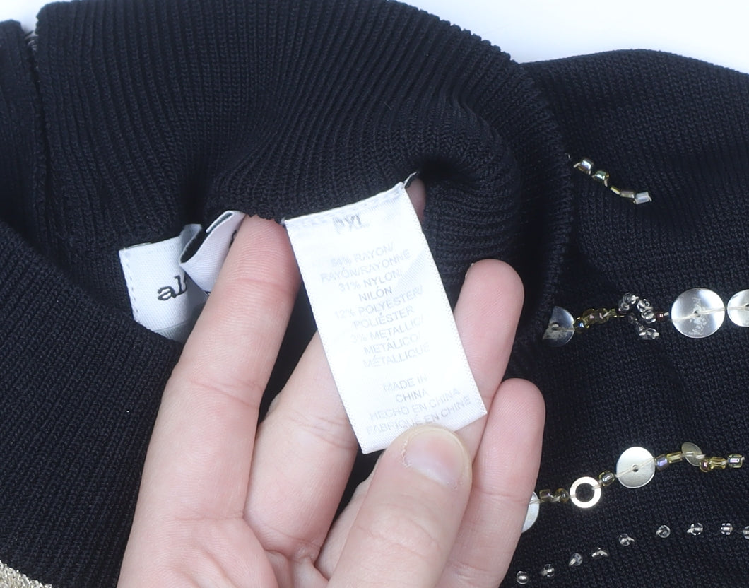 Alfred Dunner Womens Black L Petite Beaded Mock Neck Jumper