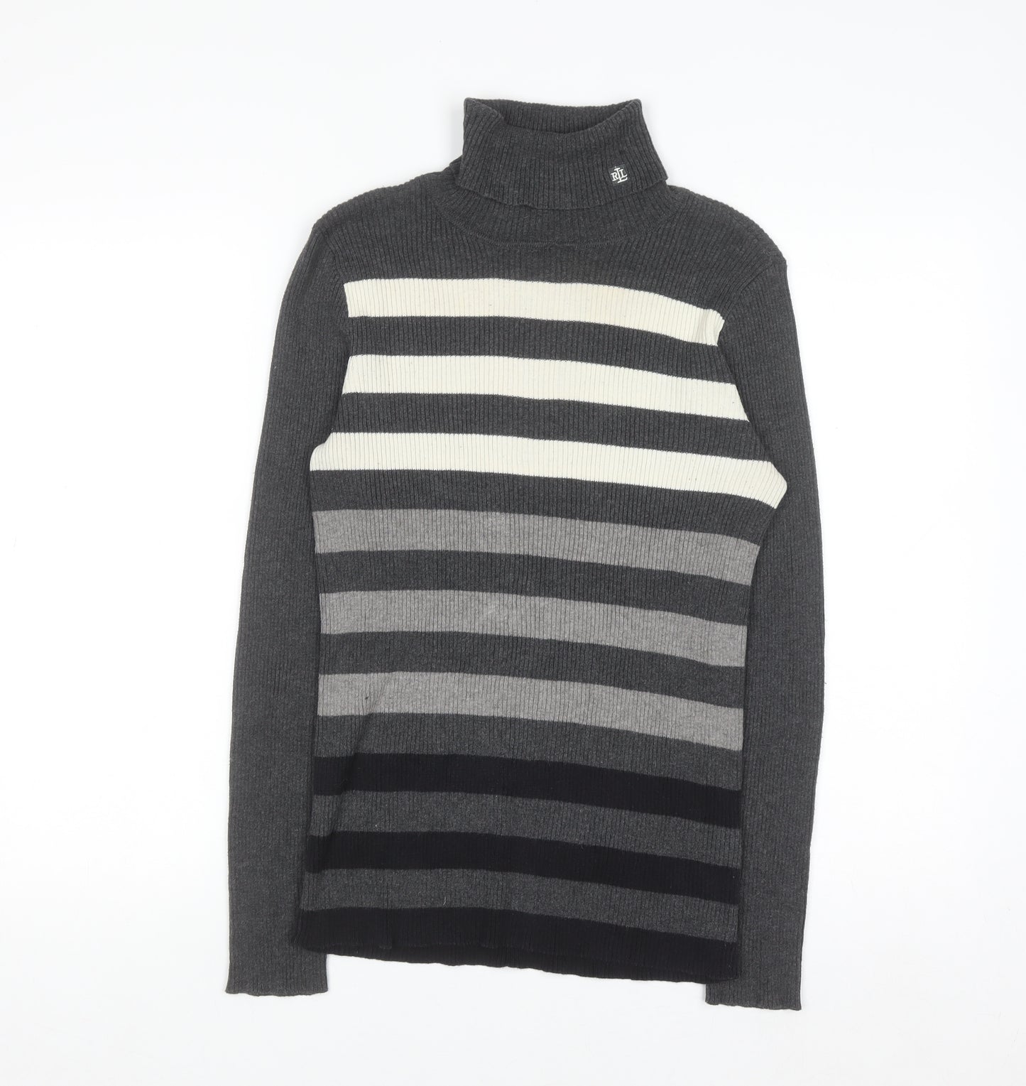 Lauren Ralph Lauren Women Grey Striped Roll Neck Jumper Medium