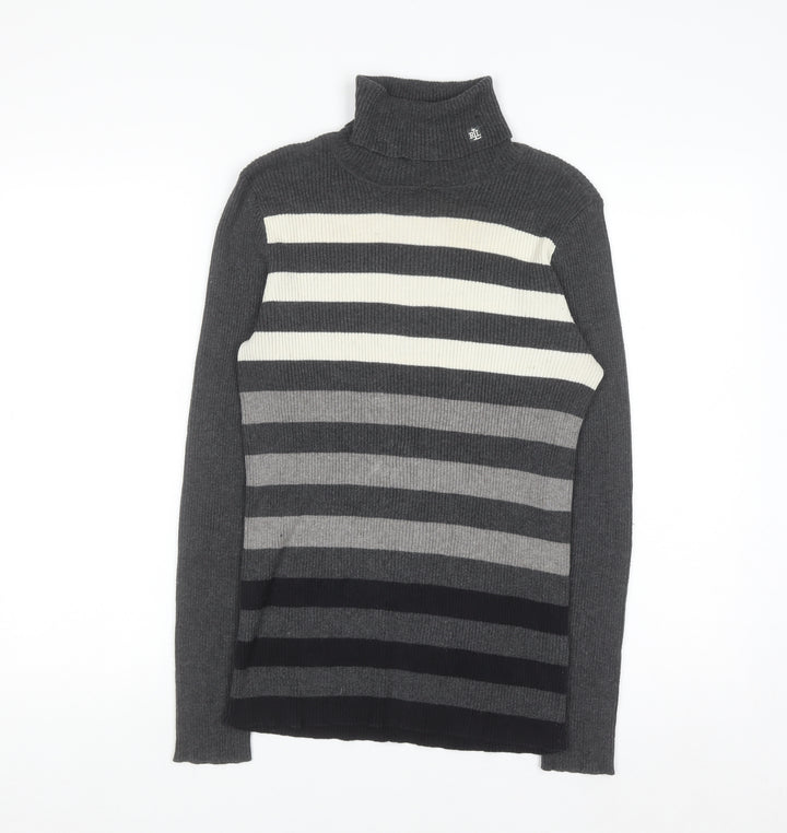 Lauren Ralph Lauren Women Grey Striped Roll Neck Jumper Medium