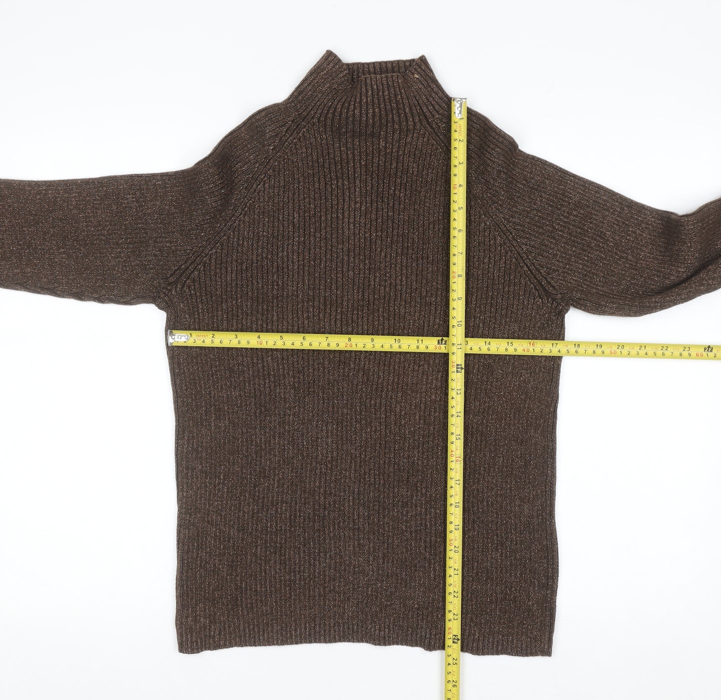 Studio Works Womens Brown Mock Neck Ribbed Cotton Jumper L