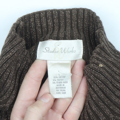 Studio Works Womens Brown Mock Neck Ribbed Cotton Jumper L