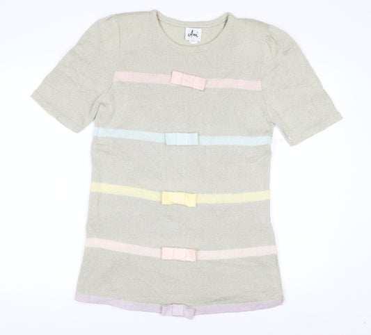 Ami Women Beige Short Sleeve Bow Knit Jumper Size 10