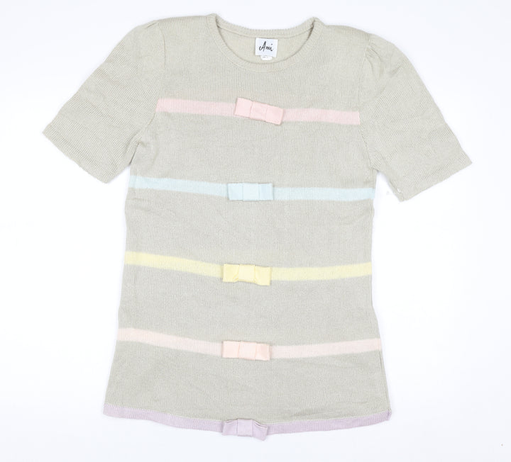 Ami Women Beige Short Sleeve Bow Knit Jumper Size 10