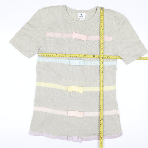 Ami Women Beige Short Sleeve Bow Knit Jumper Size 10