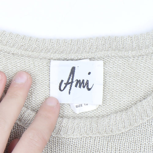 Ami Women Beige Short Sleeve Bow Knit Jumper Size 10