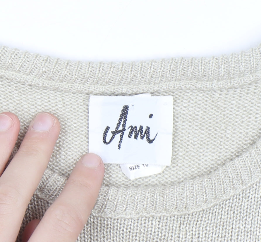 Ami Women Beige Short Sleeve Bow Knit Jumper Size 10