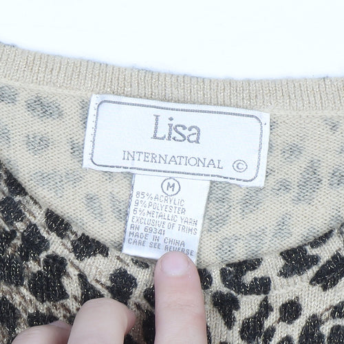 Lisa International Women's Beige Leopard Print Knit Jumper M