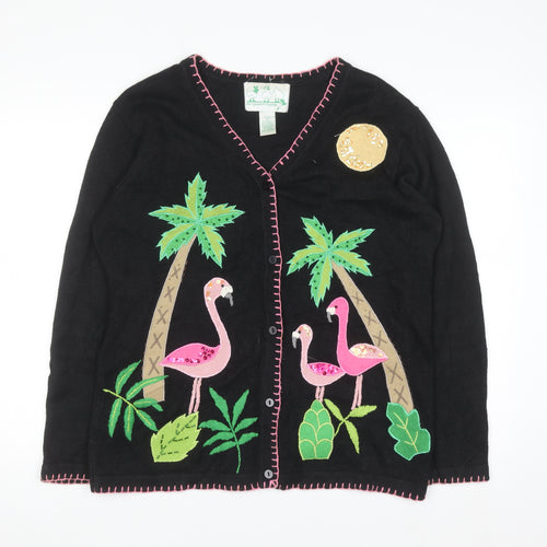 The Quacker Factory Women's Black Flamingo Tropical Cardigan Size S