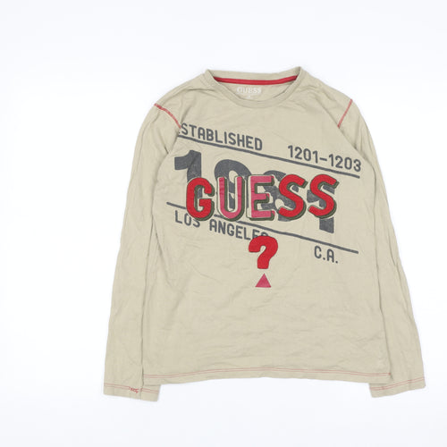 Guess Women's Beige Graphic Long Sleeve Cotton T-Shirt Size 12
