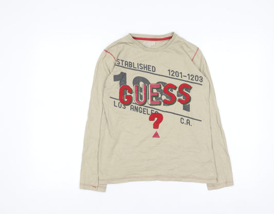 Guess Women's Beige Graphic Long Sleeve Cotton T-Shirt Size 12