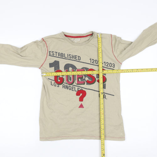 Guess Women's Beige Graphic Long Sleeve Cotton T-Shirt Size 12