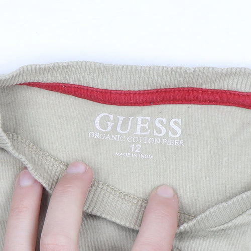 Guess Women's Beige Graphic Long Sleeve Cotton T-Shirt Size 12