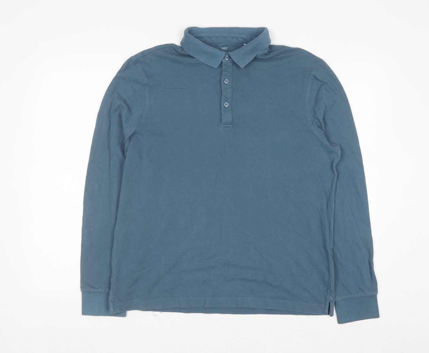 Marks and Spencer Men's Blue Long Sleeve Regular Fit Cotton Polo L