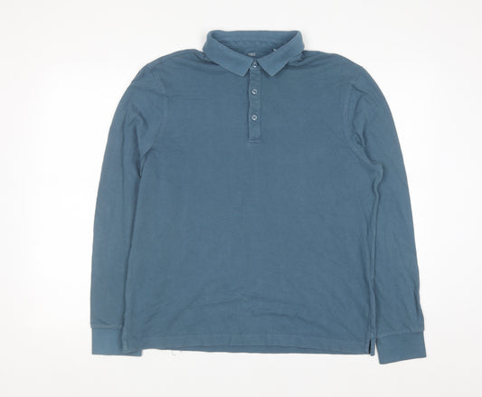 Marks and Spencer Men's Blue Long Sleeve Regular Fit Cotton Polo L