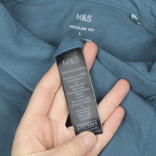 Marks and Spencer Men's Blue Long Sleeve Regular Fit Cotton Polo L
