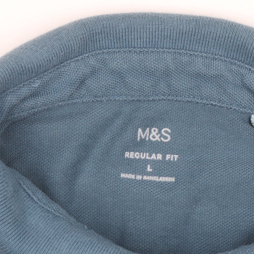Marks and Spencer Men's Blue Long Sleeve Regular Fit Cotton Polo L