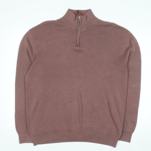 Next Men's Brown Cotton 1/2 Zip High Neck Jumper Size L