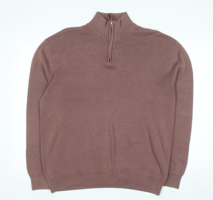 Next Men's Brown Cotton 1/2 Zip High Neck Jumper Size L