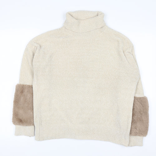 Klass Women’s Beige Roll Neck Chunky Knit Faux Fur Trim Jumper M