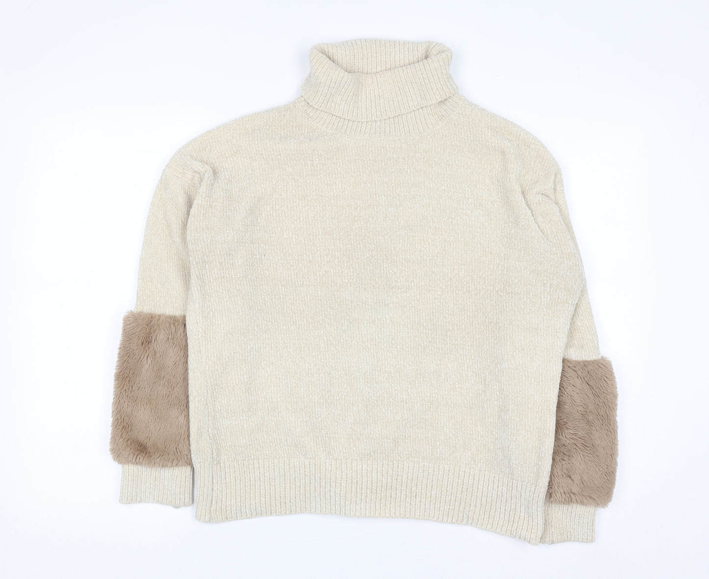 Klass Women’s Beige Roll Neck Chunky Knit Faux Fur Trim Jumper M