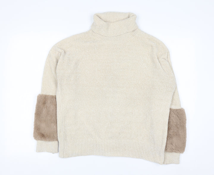 Klass Women’s Beige Roll Neck Chunky Knit Faux Fur Trim Jumper M