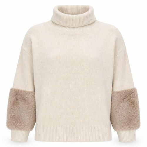 Klass Women’s Beige Roll Neck Chunky Knit Faux Fur Trim Jumper M