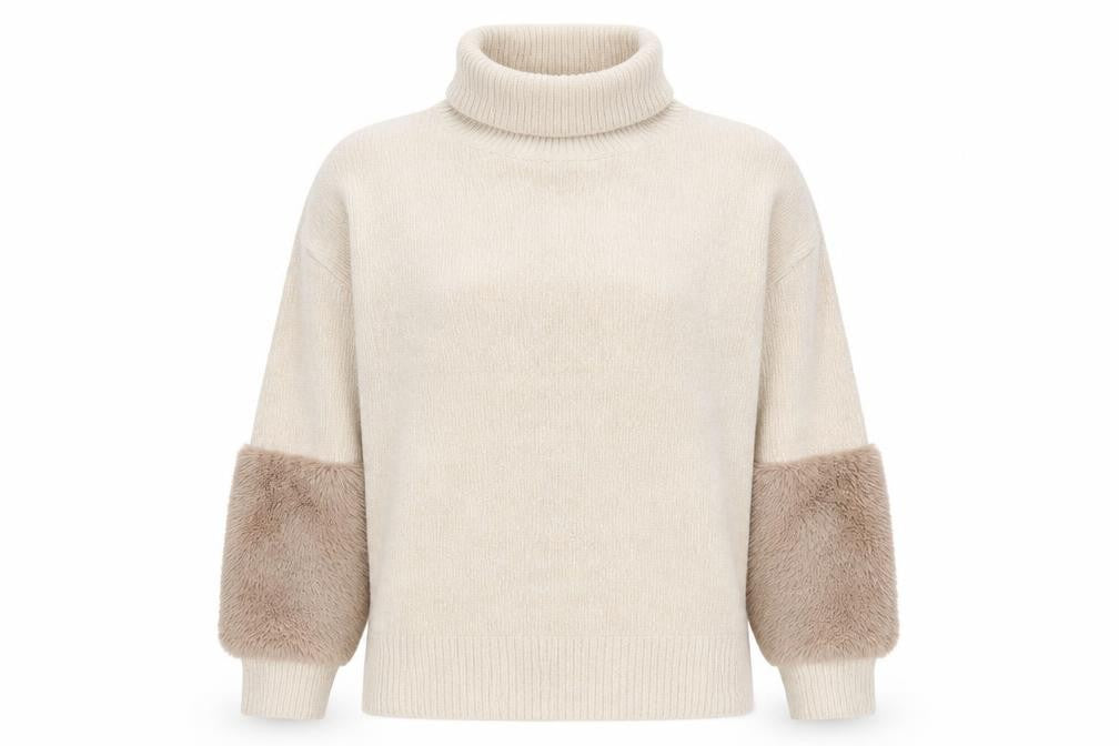 Klass Women’s Beige Roll Neck Chunky Knit Faux Fur Trim Jumper M