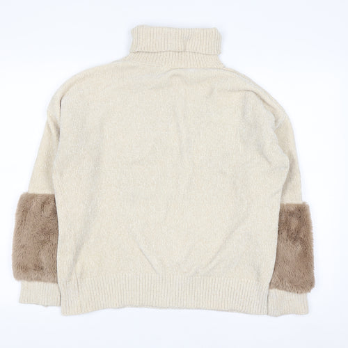 Klass Women’s Beige Roll Neck Chunky Knit Faux Fur Trim Jumper M