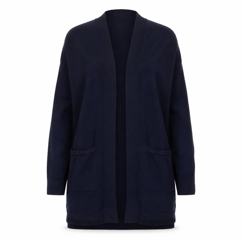 Front view of Verve Ami Women's Blue Longline Cardigan, size S, Knit Open Front Pockets