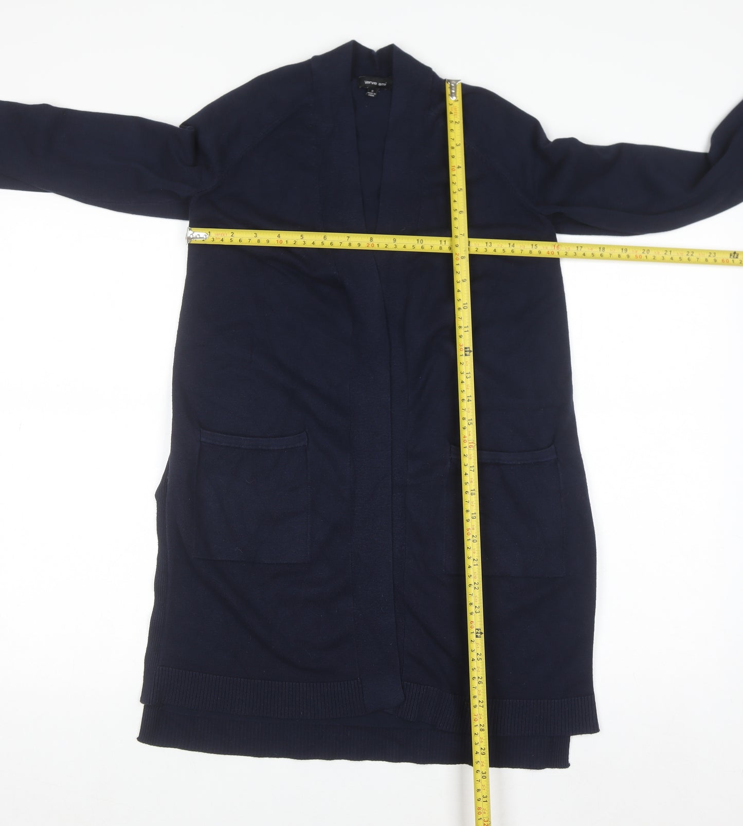 Verve Ami Women's Blue Longline Cardigan Size S Knit Open Front Pockets