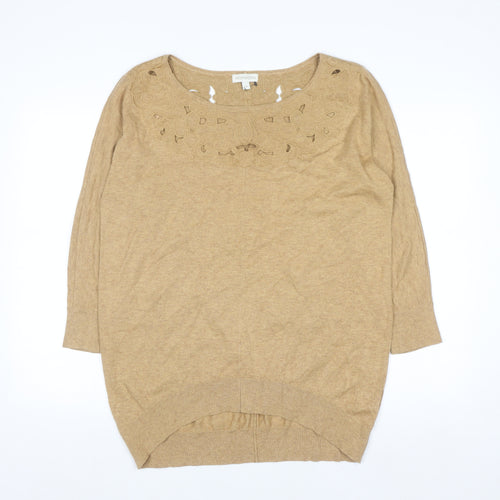 Monsoon Women Beige Embroidered Knit Jumper Medium 3/4 Sleeve