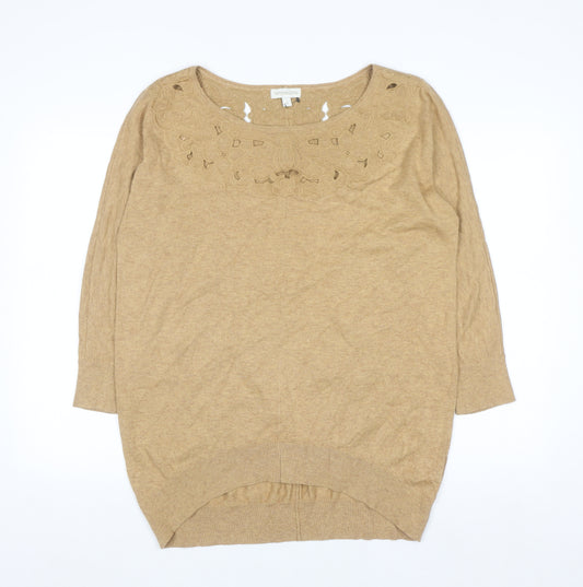 Monsoon Women Beige Embroidered Knit Jumper Medium 3/4 Sleeve