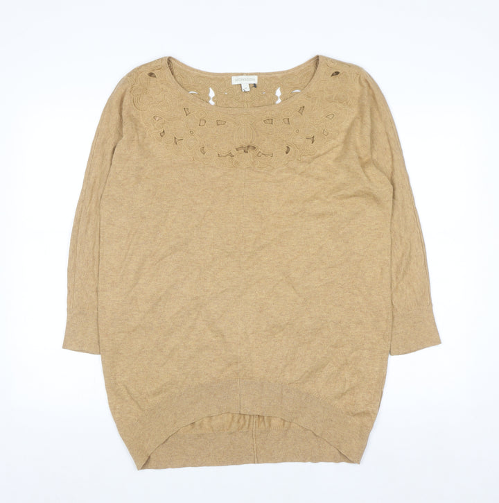 Monsoon Women Beige Embroidered Knit Jumper Medium 3/4 Sleeve