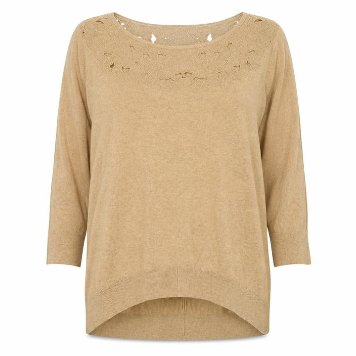 Monsoon Women Beige Embroidered Knit Jumper Medium 3/4 Sleeve