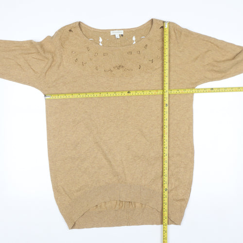 Monsoon Women Beige Embroidered Knit Jumper Medium 3/4 Sleeve