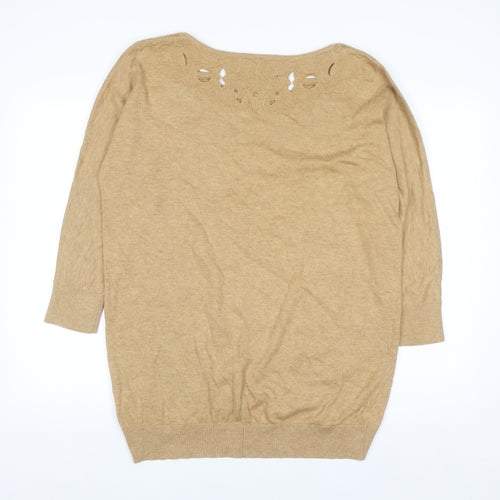 Monsoon Women Beige Embroidered Knit Jumper Medium 3/4 Sleeve