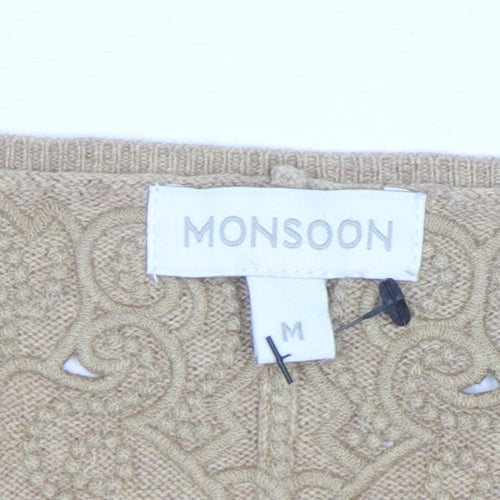 Monsoon Women Beige Embroidered Knit Jumper Medium 3/4 Sleeve