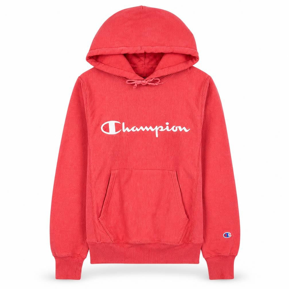 Front view of Champion women’s red xs pullover hoodie reverse weave cotton blend