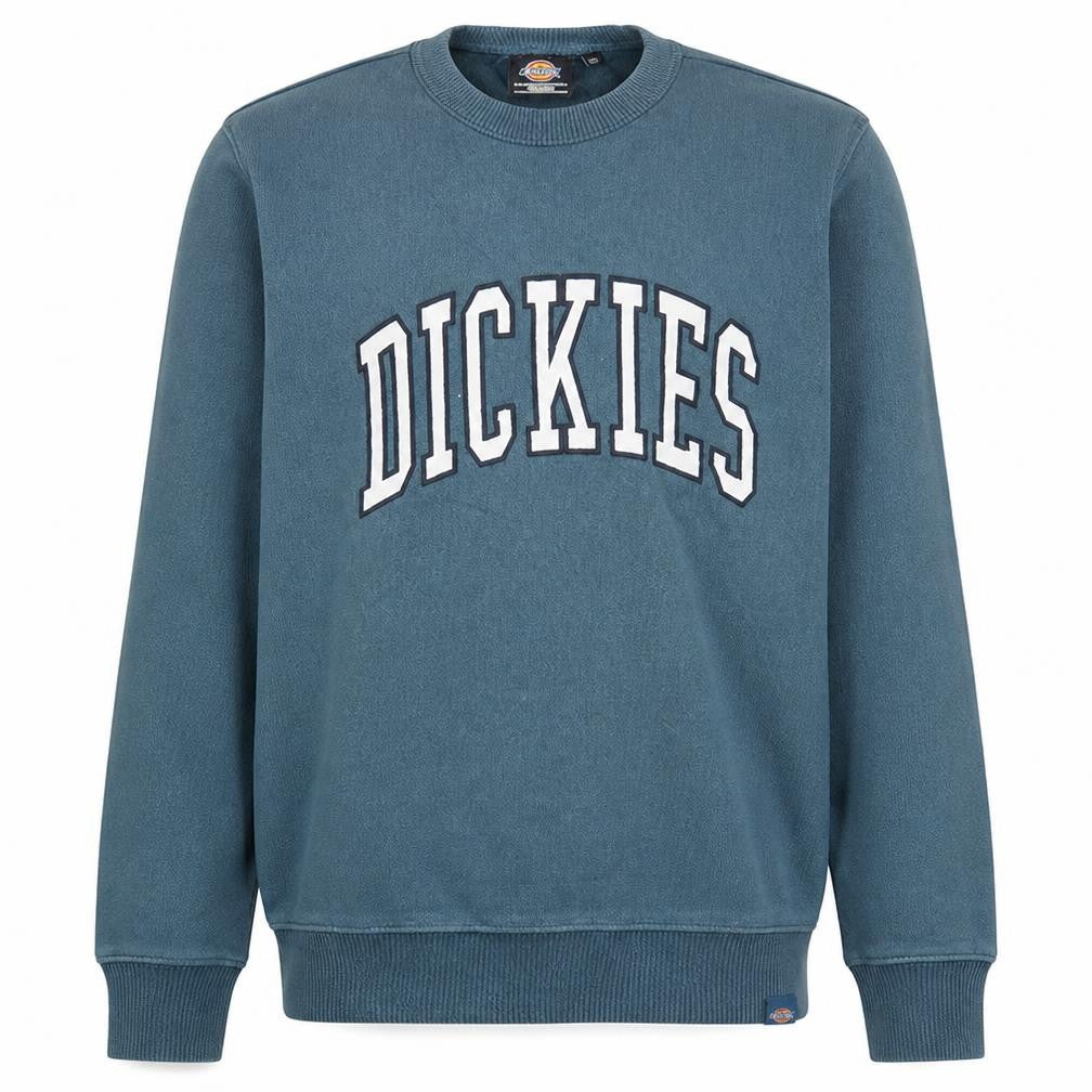 Front view of Dickies Men's Blue Crew Neck Logo Pullover Sweatshirt Medium