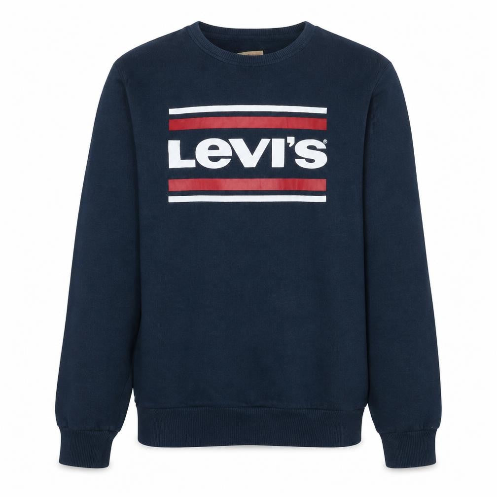 Front view of Levi's boys’ blue crew neck graphic logo sweatshirt, size 16, years