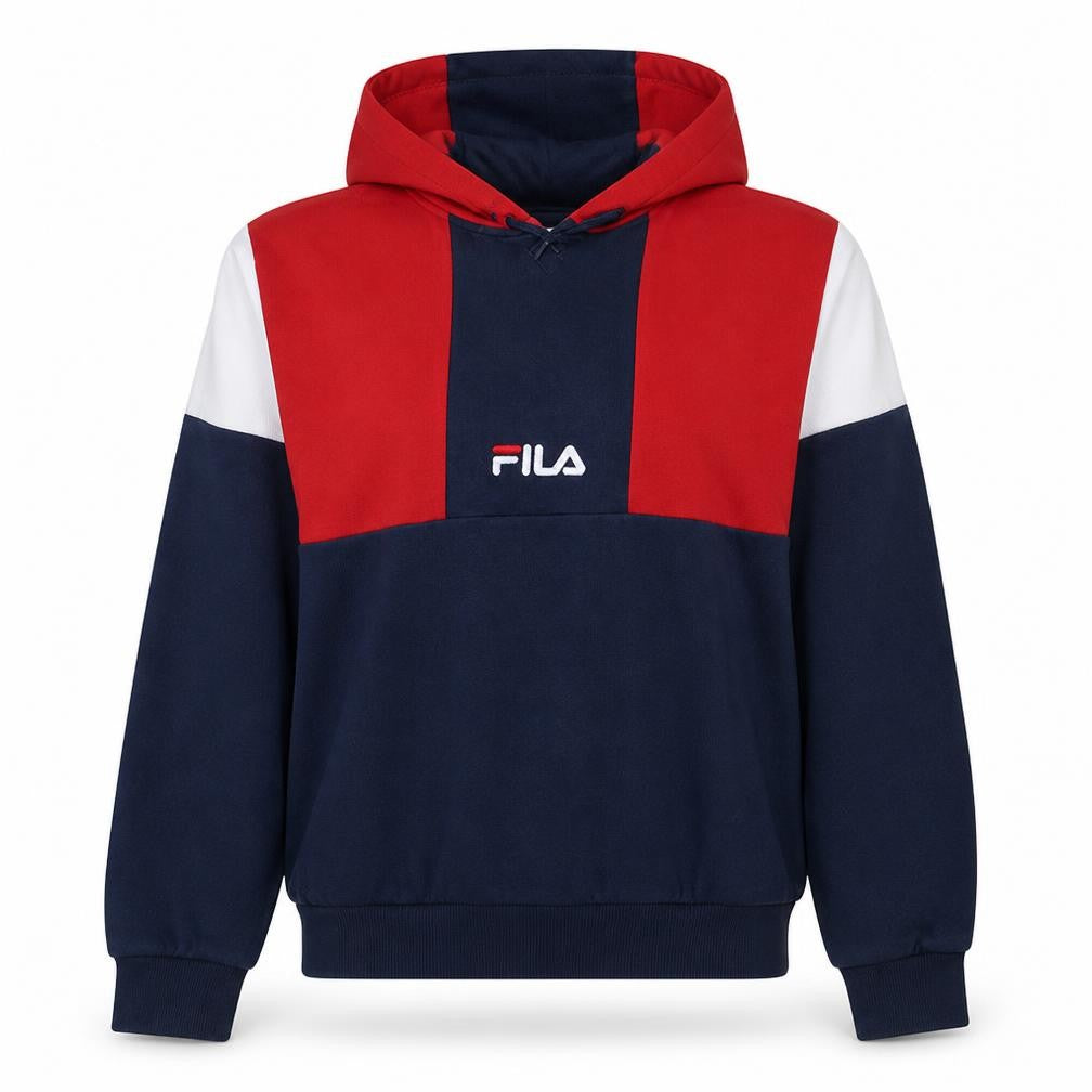 Front view of Fila Women's Navy Red Colourblock Hoodie, size S, Pullover Cotton Blend